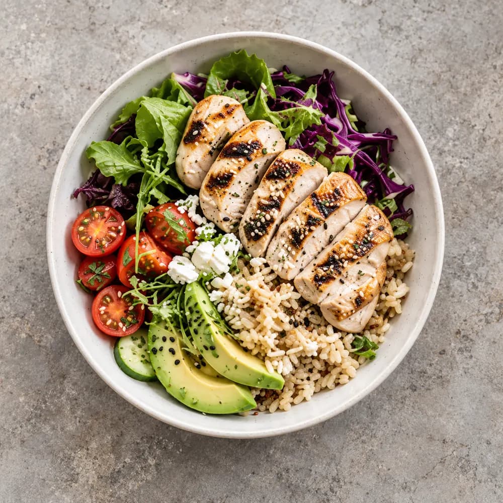 A bowl of chicken, quinoa and avocado inside the LeanFood scan frame.